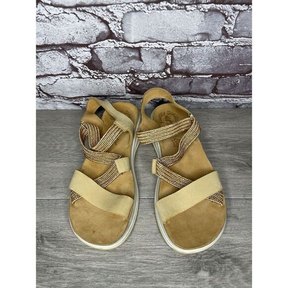 Fantasy Sandals Tan Nubuck Fabric Cross Strap Wedge Flex Sole Women’s 39EU/8.5US - Picture 2 of 16